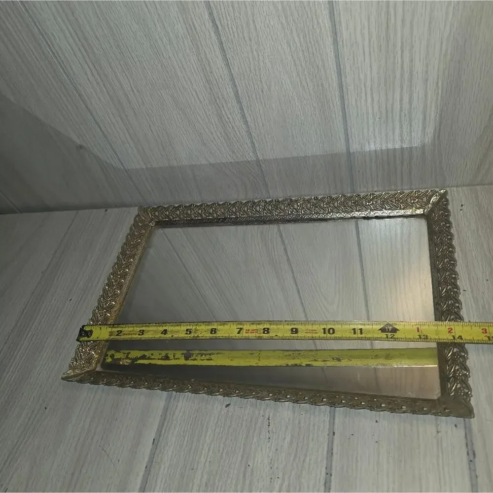 Vintage Fillagree Gold Tone Rectangle Mirrored Vanity Tray Trinket Display